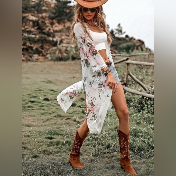 ❤️ SHEIN Swim Floral Print Contrast Lace Split Hem Kimono, Summer Beach large - Picture 5 of 11